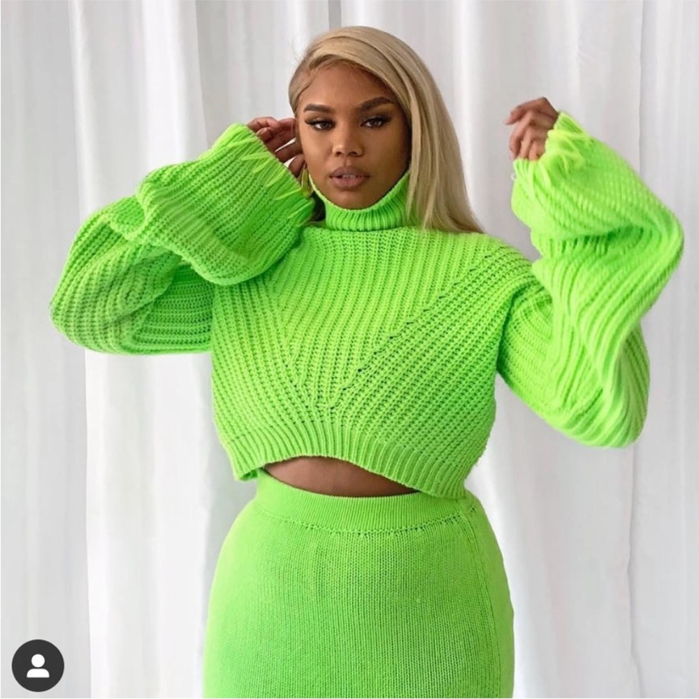 ISO Hanifa Neon Green Nina Knit Sweater and Skirt Set